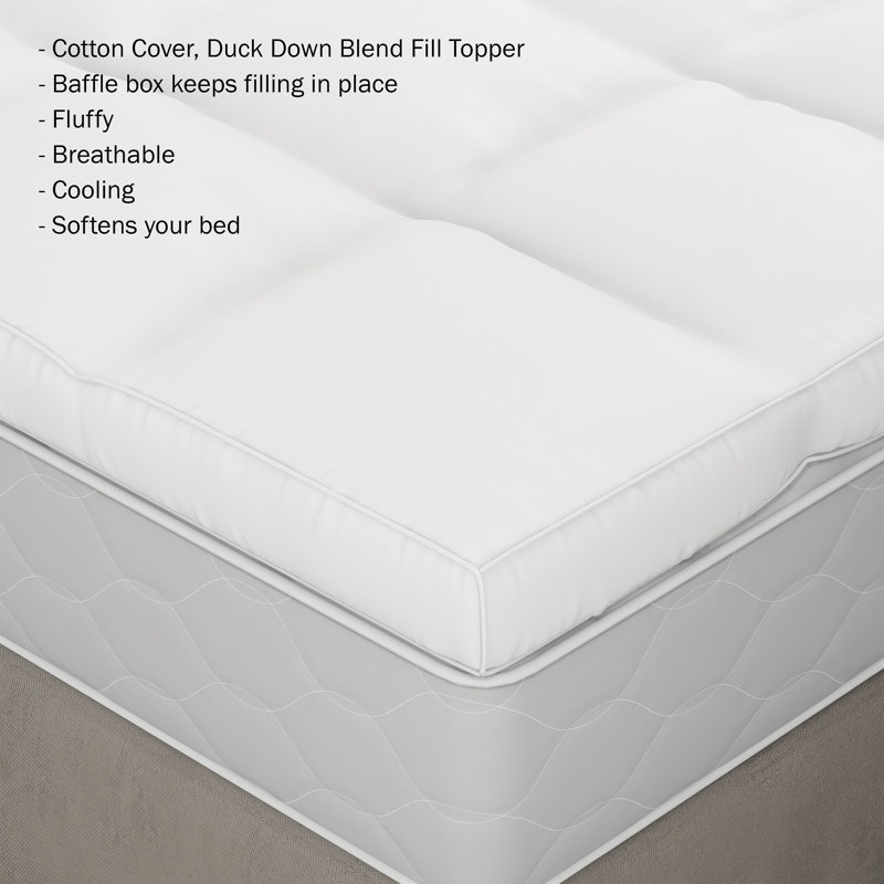 Macy Pillow Top King Mattress Topper Plush and Supportive Baffle Box Down and Duck Featherbed with 4 Inch Gusset and Cotton Cover Twin